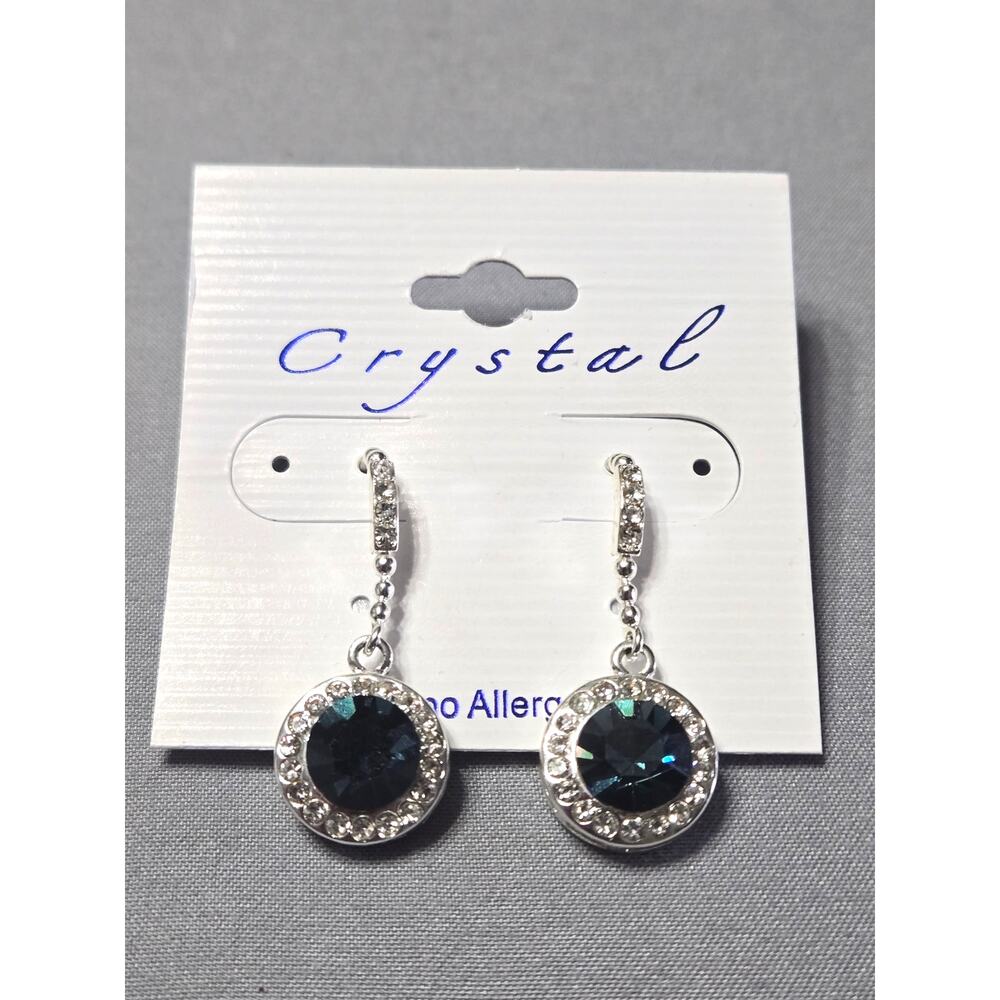 Dark Blue Crystal Halo Drop Earrings Silver Tone